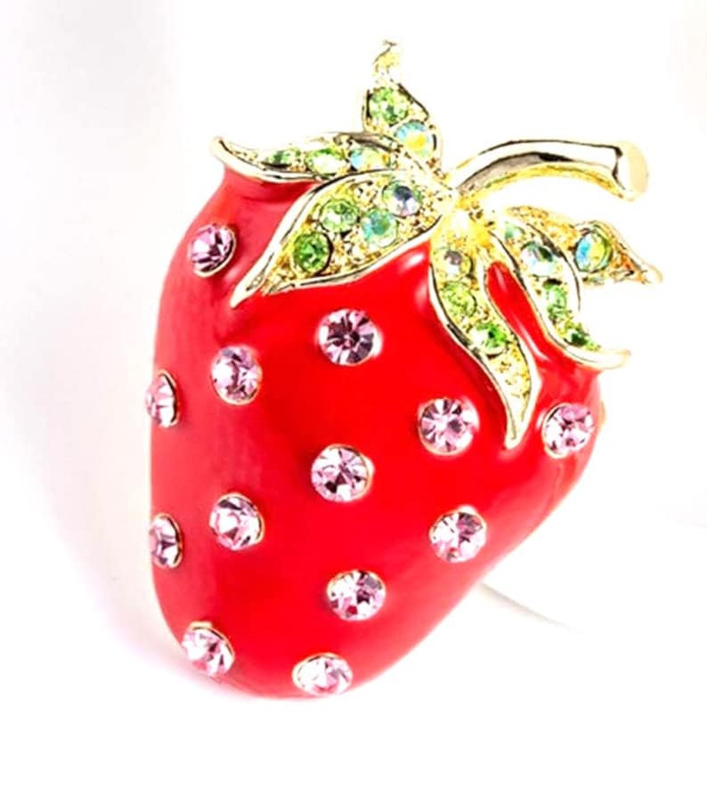 RHINESTONE STRAWBERRY BROOCH So Delicious Food & Drink, Fruit, Motif Luscious Strawberry Sweetly Enameled Sparkling Crystals Yummy image 1