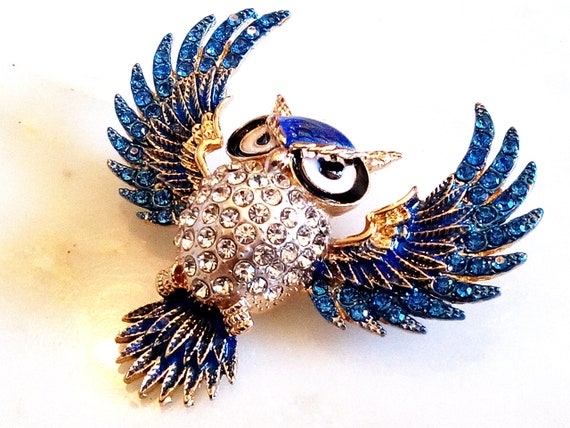 RHINESTONE OWL BROOCH! Enameled Wise Figural, Ani… - image 7