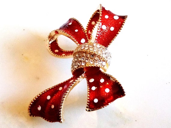 ENAMELED BOW BROOCH! Beautiful Red With White Pol… - image 4