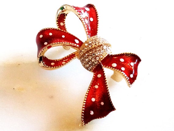 ENAMELED BOW BROOCH! Beautiful Red With White Pol… - image 3