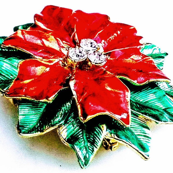1950'S CHRISTMAS POINSETTIA BROOCH! Beautiful!! Enameled, Clear Crystal, Christmas Flower Pin/Accessory! Gold Tone Setting. Amazing A+ Gift!