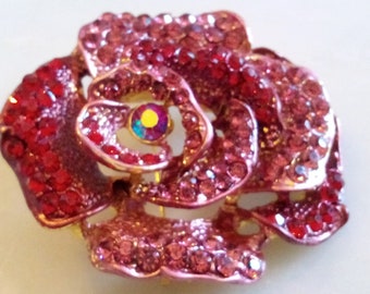 RHINESTONE FLOWER BROOCH! Red Rose Floral Motif Pin/Accessory. Amazing, Faceted, Red Aurora Borealis Crystals! Gold Tone Setting. Gorgeous!