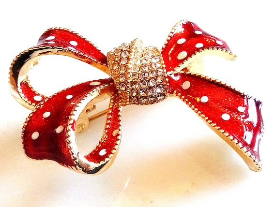 ENAMELED BOW BROOCH! Beautiful Red With White Pol… - image 1
