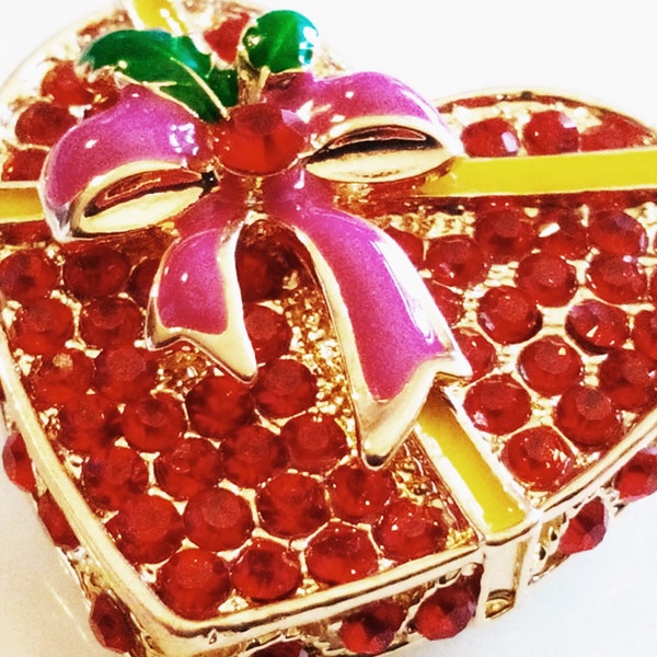 VALENTINE'S HEART BROOCH! Delicious Chocolate Candy Box Pin/Accessory! Beautifully Enameled. Red Rhinestones. Gold Tone Setting. Adorable!