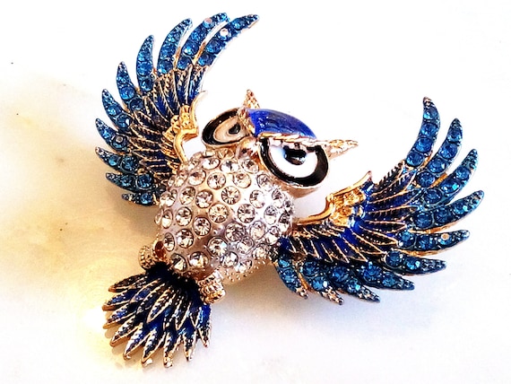 RHINESTONE OWL BROOCH! Enameled Wise Figural, Ani… - image 8