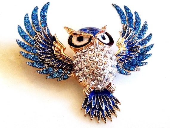 RHINESTONE OWL BROOCH! Enameled Wise Figural, Ani… - image 5