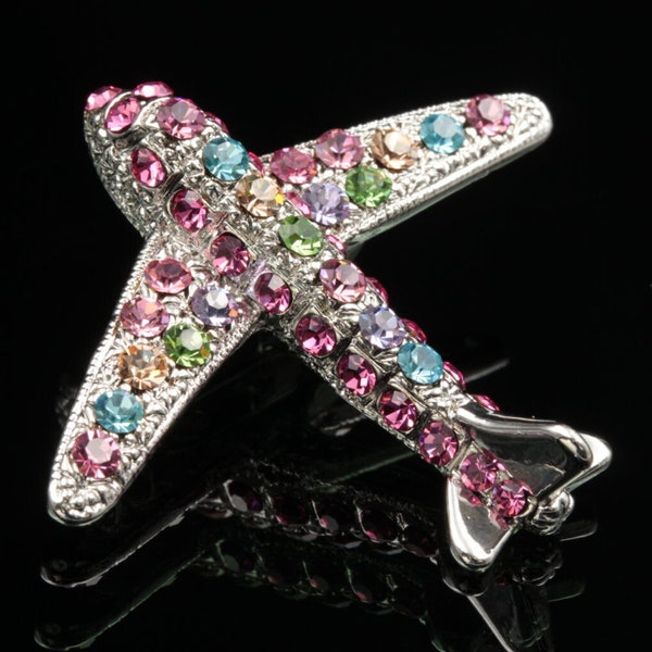 SL PLANE BROOCH! Signed Figural Pin Accessory! Rainbow, Multicolor, Crystal Plane! Fantastic Attention To Detail! Pristinely Silver Plated.