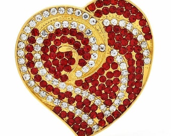 VALENTINE'S HEART BROOCH! Gorgeous Love Pin, Accessory! Gorgeous, Fine, Red & Clear Austrian Crystals! Mod, Paisley, Design! Gold Tone. A+.