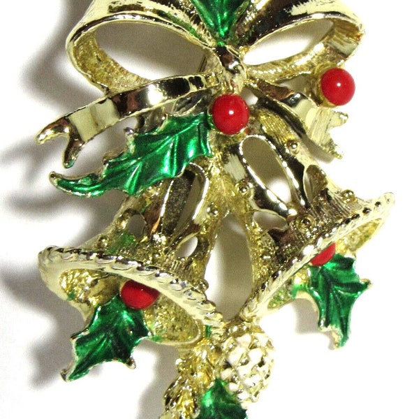 1950'S GERRY'S CHRISTMAS BROOCH! Signed! Winter, Bells, Holly Berry, Bow Motif. Beautiful, Bright & Elegant Enamel!Yellow Gold Tone Setting.