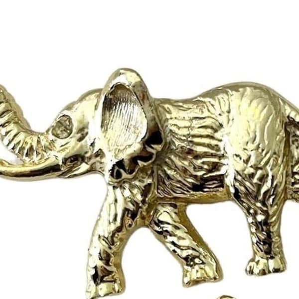 1950’S LUCKY ELEPHANT BROOCH! Adorable Figural, Animal, Pin, Accessory! Shiny & Etched Yellow Gold Tone! Totally Precious! So Charming! A+!