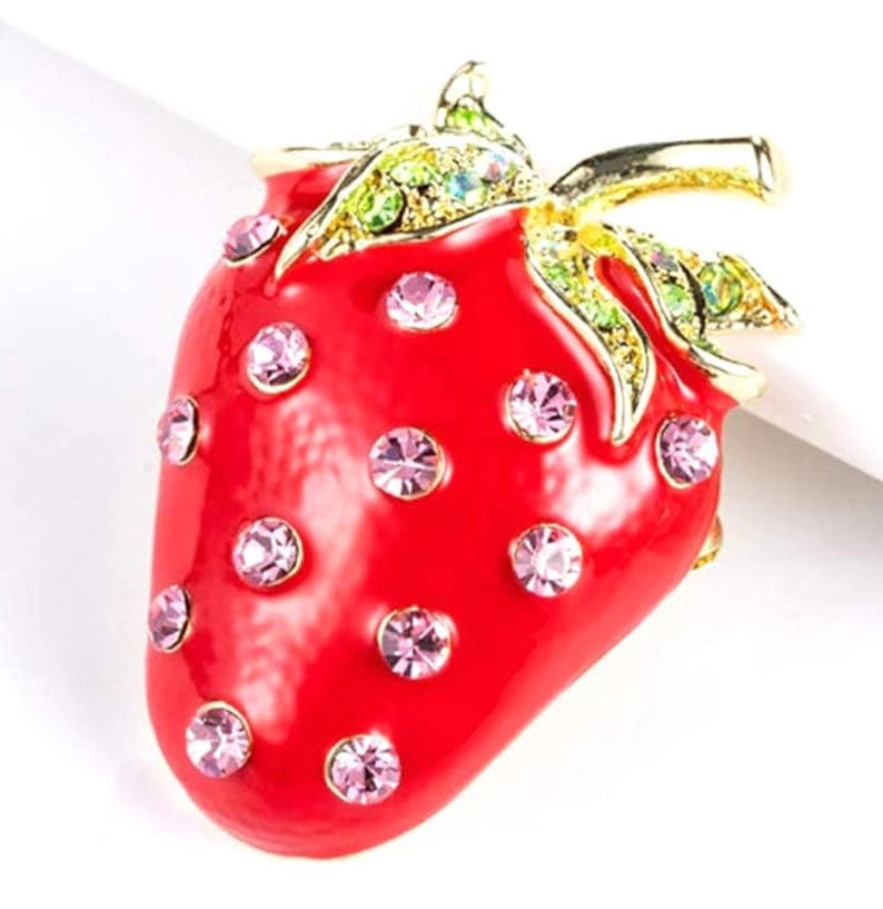 RHINESTONE STRAWBERRY BROOCH So Delicious Food & Drink, Fruit, Motif Luscious Strawberry Sweetly Enameled Sparkling Crystals Yummy image 8