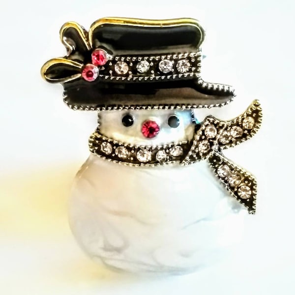 CHRISTMAS SNOWMAN BROOCH! Holiday Decor Motif Enameled Pin/Accessory! Merry, Holly, Mistletoe, Hat, & Crystals! Gold Tone Setting. So Cute!!