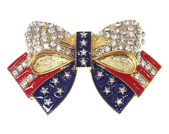 PATRIOTIC 4th of JULY BROOCH! Red, White & Blue Pin Accessory! Dazzling Bow! Radiant Faceted Clear Crystals! Pristine Gold Tone Setting.