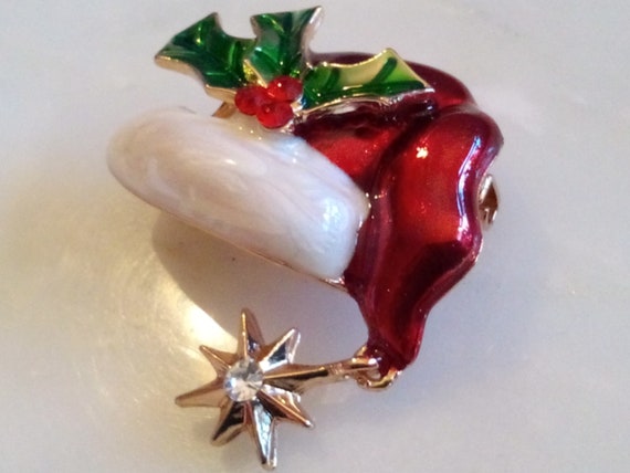 SANTA HAT BROOCH! Lovely Red, Green, White, Gold … - image 2