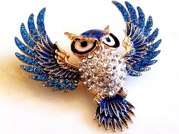 RHINESTONE OWL BROOCH! Enameled Wise Figural, Ani… - image 1