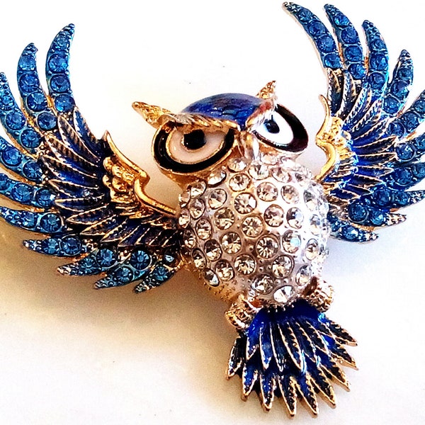 RHINESTONE OWL BROOCH! Enameled Wise Figural, Animal, Bird Pin, Pendant, Accessory! Radiant Shining Crystals! So Detailed! Gold Tone Setting