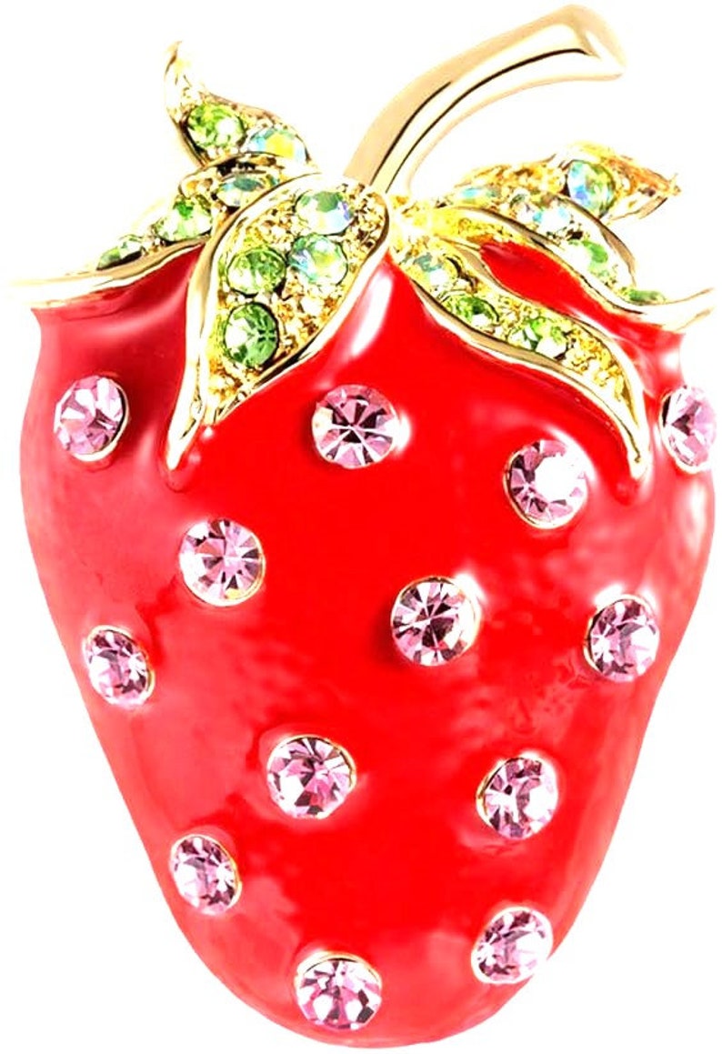 RHINESTONE STRAWBERRY BROOCH So Delicious Food & Drink, Fruit, Motif Luscious Strawberry Sweetly Enameled Sparkling Crystals Yummy image 7