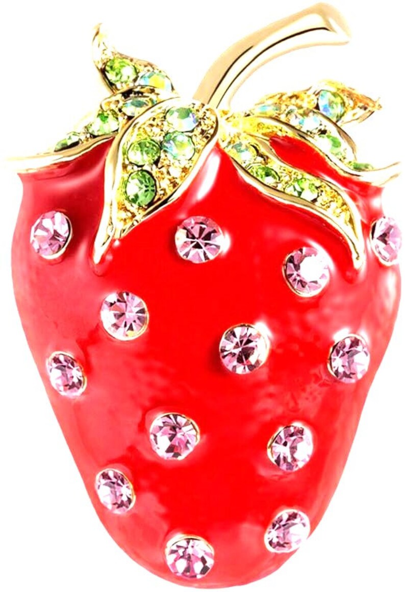 RHINESTONE STRAWBERRY BROOCH So Delicious Food & Drink, Fruit, Motif Luscious Strawberry Sweetly Enameled Sparkling Crystals Yummy image 9