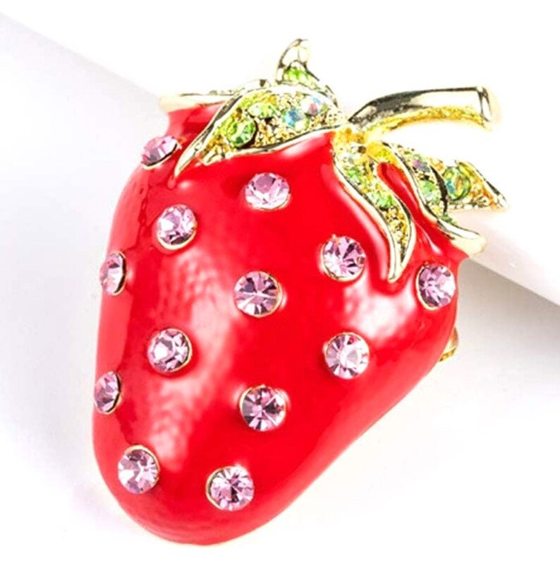 RHINESTONE STRAWBERRY BROOCH So Delicious Food & Drink, Fruit, Motif Luscious Strawberry Sweetly Enameled Sparkling Crystals Yummy image 4