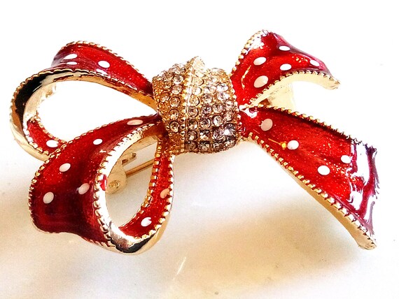 ENAMELED BOW BROOCH! Beautiful Red With White Pol… - image 8