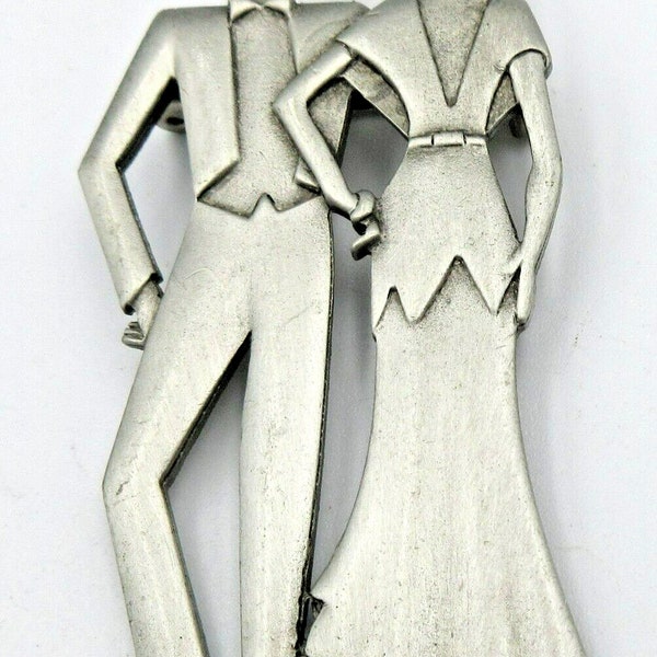 JJ JONETTE BROOCH. Signed Pin. Elegant Pair/Couple Dressed To The Nines! Putting On The Ritz! Ready To Paint The Town! Silver Tone Setting