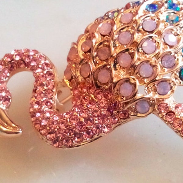 FLAMINGO RHINESTONE BROOCH! Adorable Figural, Animal, Bird, Pin/Accessory! Fabulous Sparkling-Truly Brilliant-Pink Crystals. Rose Gold Tone.