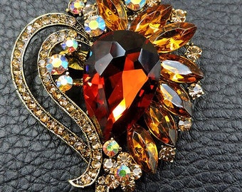 VALENTINE'S DAY HEART! Gorgeous Brooch/Pin/ Pendant/Accessory! Beautiful Amber Crystals & Topaz Aurora Borealis Rhinestones! Love Gift! A+.