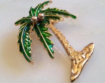 Vintage Palm Tree Brooch Pin Green Crystals Beach Jewelry Yellow