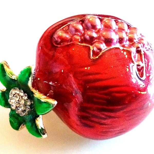 POMEGRANATE BROOCH! Figural, Food and Drink, Fruit Pin/Accessory! Gorgeous! Dazzling Red Enameled! Green Leaves & Sparkling Clear Crystals!!