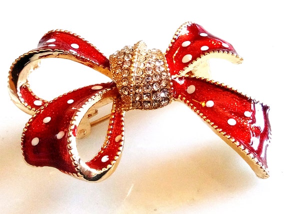ENAMELED BOW BROOCH! Beautiful Red With White Pol… - image 2