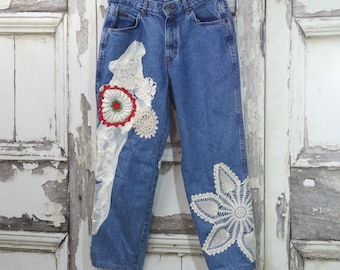 Size 10, Upcycled Jeans - Chic Upcycled Jeans - Vintage Jeans - Mom Jeans - Boho Jeans