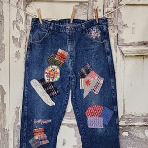 Made to Order Custom Patched Jeans  Patched Denim Jeans Denim Vintage Redone Jeans Rustler Brand Jeans
