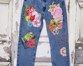Size 10,Patched Denim / Patched Jeans / Reworked Vintage Jeans with Patches redone jeans /boyfriend jeans