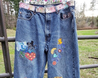 38" x 28", Boyfriend patched Jeans, Funky Patched Jeans,