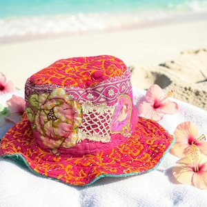 Pink and Turquoise Reversible Beachy Bucket Hat -Upcycled Cotton Boho Patchwork