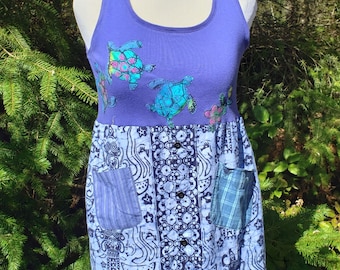 Upcycled Batik Summer Dress, Batik Turtle Dress, Sleeveless Dress, Woman's Summer Dress, Upcycled Clothing, Beach Dress