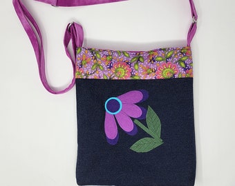 Purple Flower Handmade Crossbody Bag Handmade Fabric Shoulder Purse Boho Purse Gift for Mom Fabric Purse Small Handmade Tote
