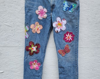 Size 16 Floral Jeans, 505 Levi's, Boyfriend Jeans, Patchwork Jeans, Boho Jeans