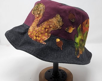 Squirrel hat, adult bucket hat, cotton bucket hat, handmade hat, sun hat, sun hat, upcycled clothing