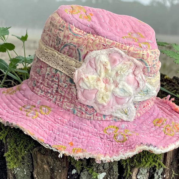 Reversible Pink Kantha Scrappy Hat: Garden Festival Hat