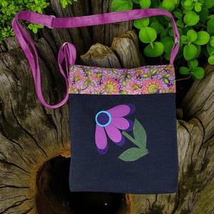 Purple Flower Handmade Crossbody Bag, Handmade Fabric Shoulder Purse, Boho Purse, Gift for Mom, Fabric Purse, Small Handmade Tote,