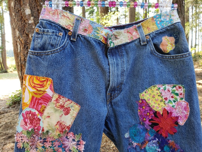 Upcycled jeans / Patched Denim / Boho Jeans / Junk Gypsy / | Etsy