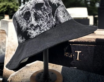 Goth Bucket Hat, Skull, Upcycled Denim, Festival Hat