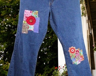 Size 16, Upcycled Jeans - Kaffe Fasset Appliques - Bohemian Clothing - Wearable Art