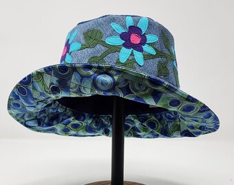 Handmade summer bucket hat w/ blue & purple floral upcycled material