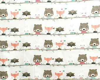Bear Fox Rabbit print cotton fabric - 60" inch 150cm wide - per metre
