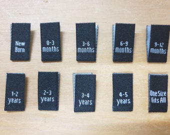 100 Black White Text Children Kids Babies Clothing Garment Sizes Woven  Labels - New Born to 4-5yr
