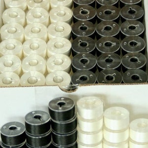 Prewound bobbins, Plastic sided, Size A, Style A, Class 15, 15J, SA156,  Brother size 11.5, 144pcs, White color, 75D/2 Polyester 