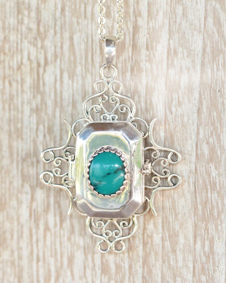Sterling Silver Large Locket Silver Locket Boho Turquoise Locket Necklace Silver Locket Photo Locket Necklace