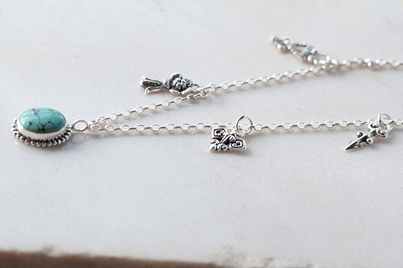 925 Sterling Silver Natural Turquoise Necklace with Boho Style and Charms based on Alchemy and Geometry as well as Flowers